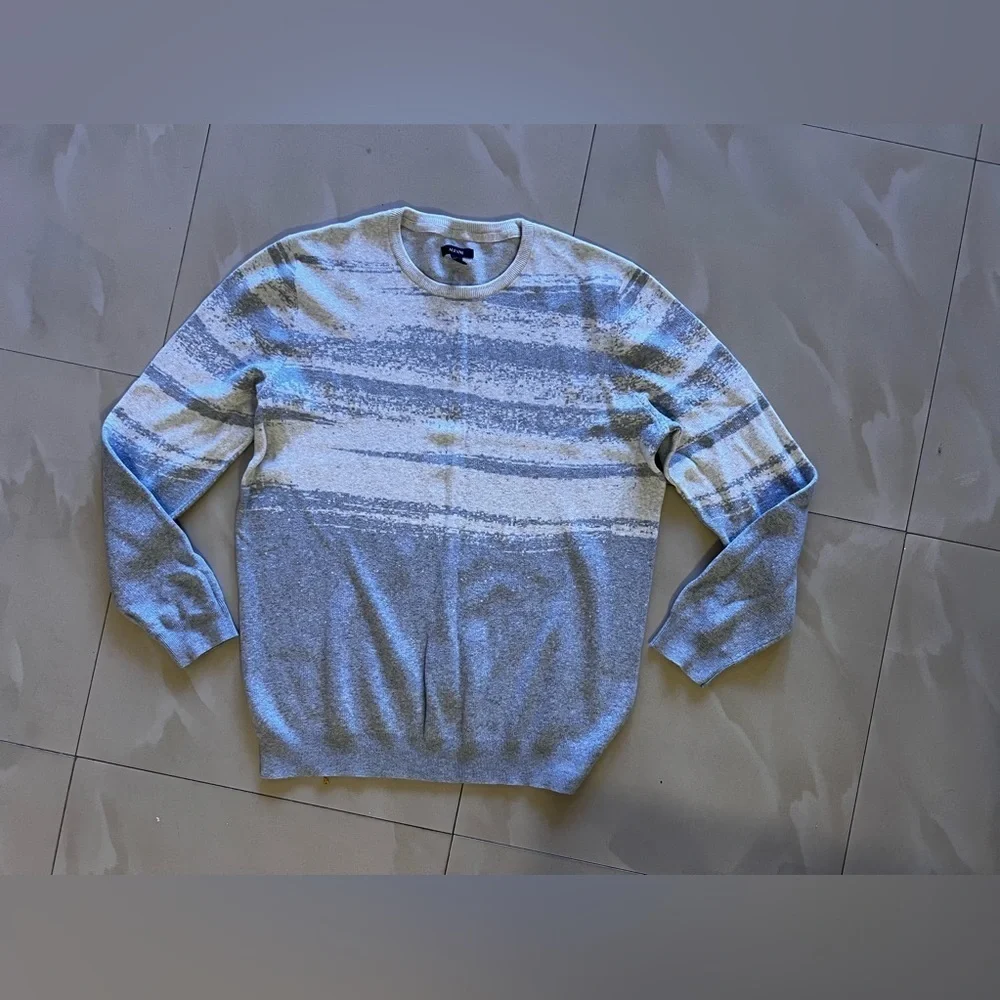 Alfani Sweater Mens Large Knit Cotton Gray Round Neck Stretch Long Sleeve Light